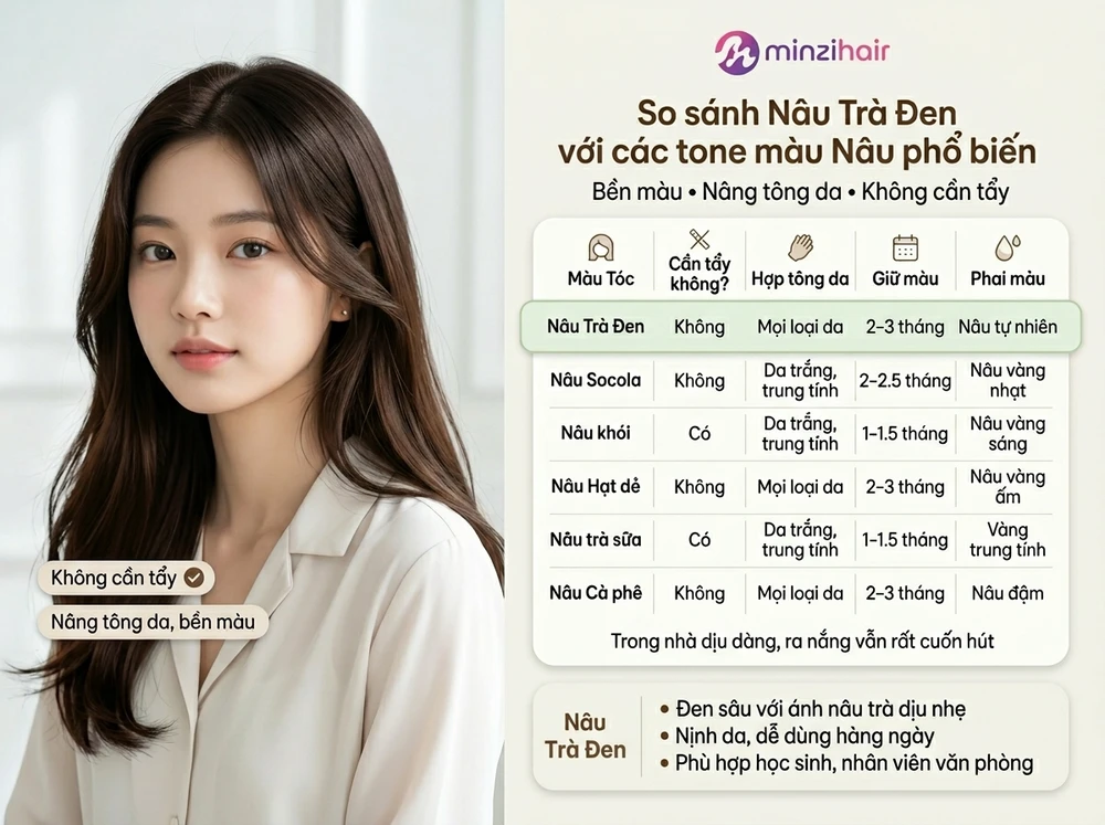 So sánh nâu trà đen với các tông nâu phổ biến khác