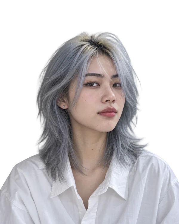 Ảnh minh hoạ do AI tạo: cô gái tóc bạch kim xám xanh, chân tóc mọc lại