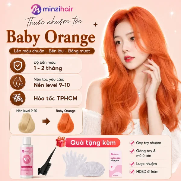 Thuốc nhuộm tóc màu baby orange – độ bền màu, nền tóc yêu cầu và quà tặng kèm