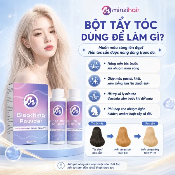 Bột tẩy tóc dùng để nâng nền tóc đen, nâu sẫm lên sáng trước khi nhuộm màu pastel, khói