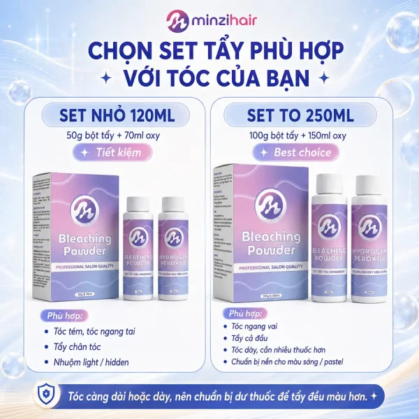 So sánh set tẩy NHỎ 120ML và TO 250ML của bột tẩy tóc Minzihair
