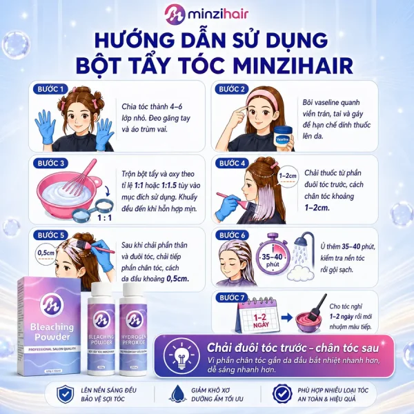 Hướng dẫn các bước dùng bột tẩy tóc Minzihair tại nhà