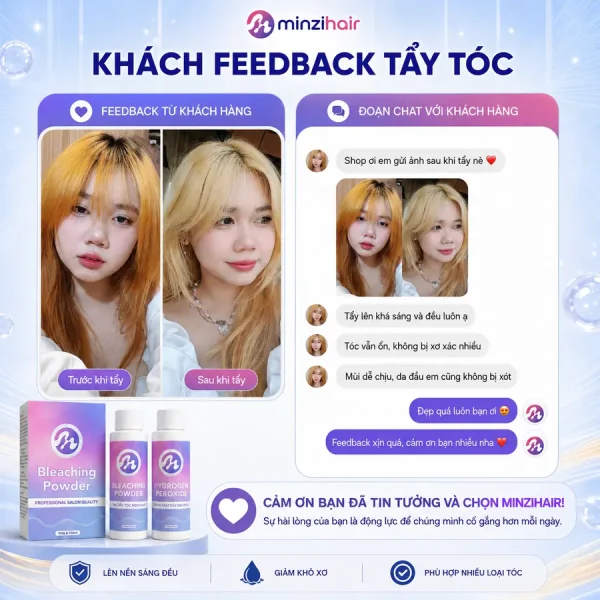 Ảnh trước và sau khi tẩy tóc bằng bột tẩy Minzihair của khách
