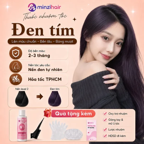 Thuốc nhuộm tóc màu đen tím – độ bền màu, nền tóc yêu cầu và quà tặng kèm