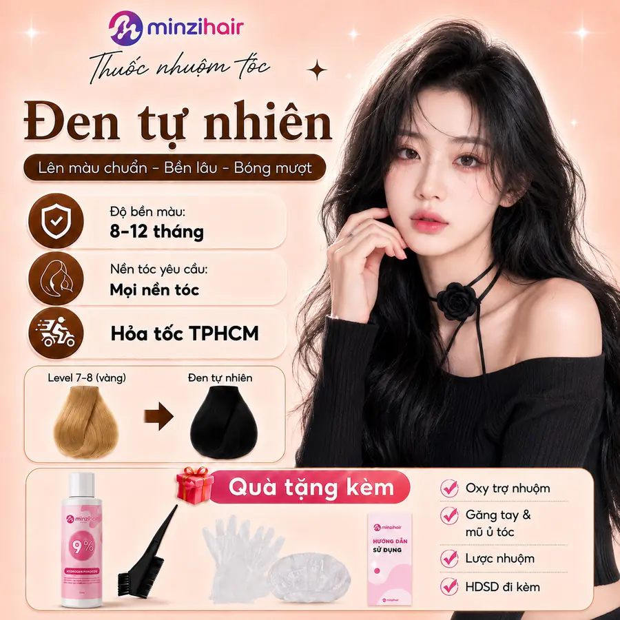 Thuốc nhuộm tóc màu đen tự nhiên – độ bền màu, nền tóc yêu cầu và quà tặng kèm