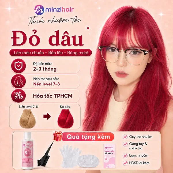 Thuốc nhuộm tóc màu đỏ dâu – độ bền màu, nền tóc yêu cầu và quà tặng kèm