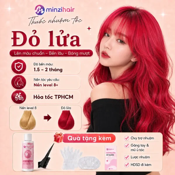 Thuốc nhuộm tóc màu đỏ lửa – độ bền màu, nền tóc yêu cầu và quà tặng kèm