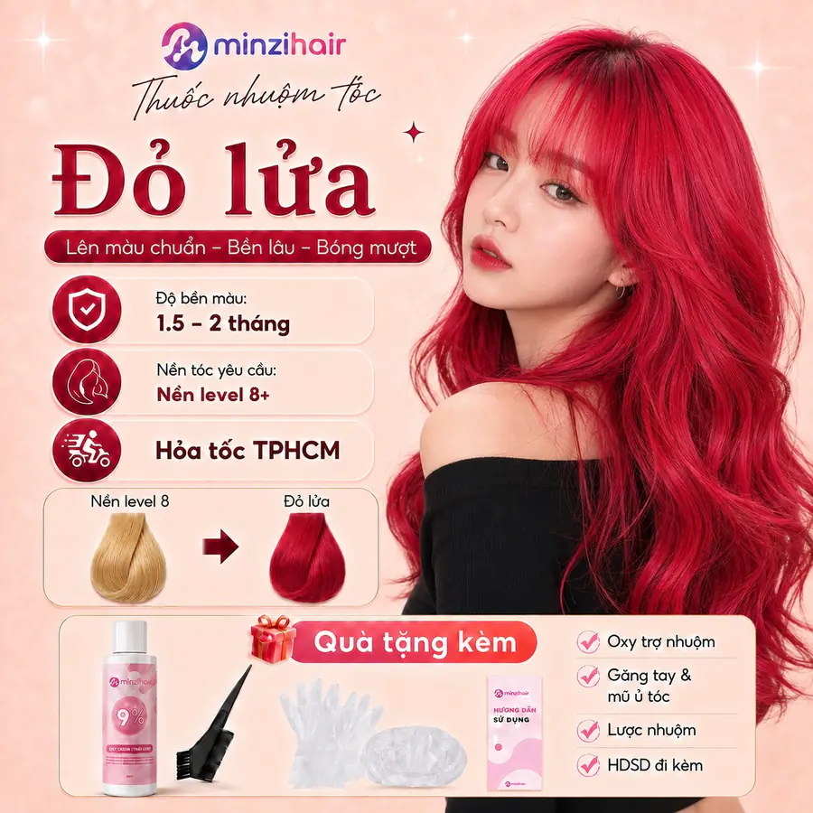 Thuốc nhuộm tóc màu đỏ lửa – độ bền màu, nền tóc yêu cầu và quà tặng kèm
