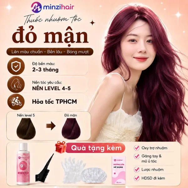 Thuốc nhuộm tóc màu đỏ mận – độ bền màu, nền tóc yêu cầu và quà tặng kèm