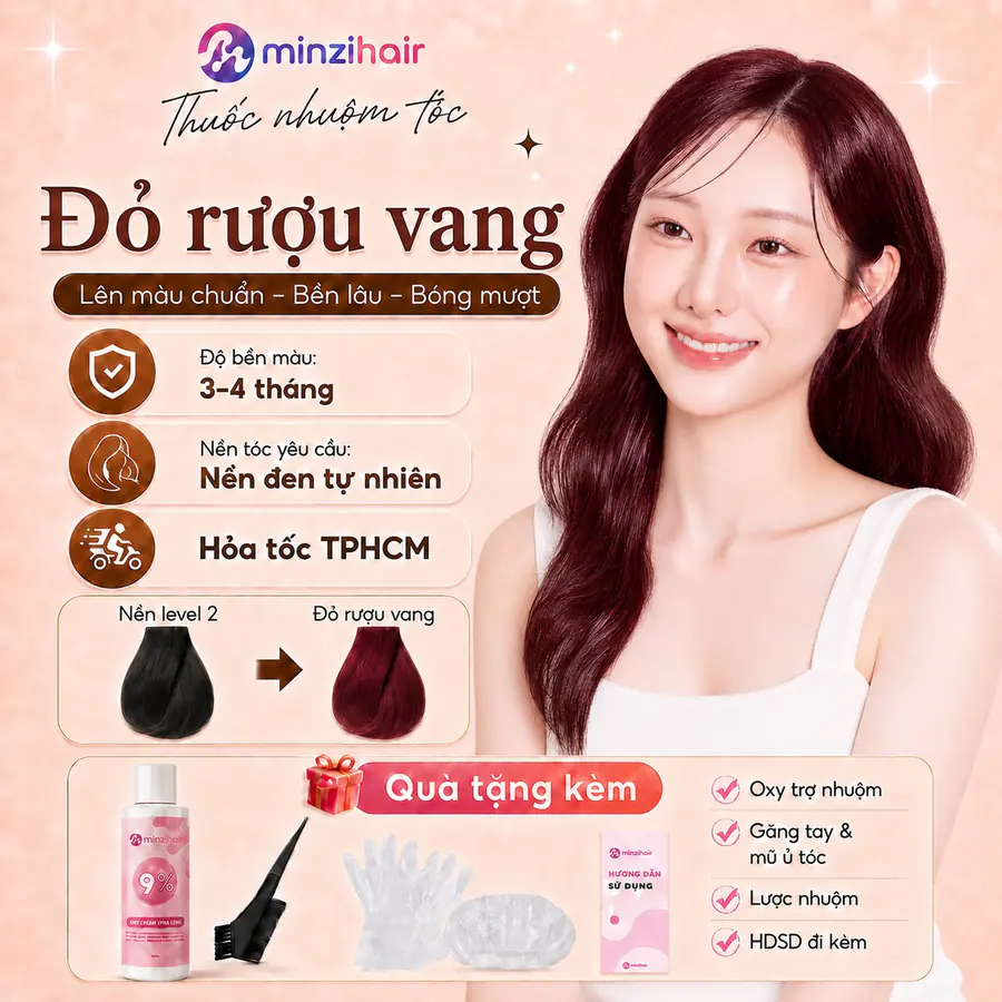 Thuốc nhuộm tóc màu đỏ rượu vang – độ bền màu, nền tóc yêu cầu và quà tặng kèm