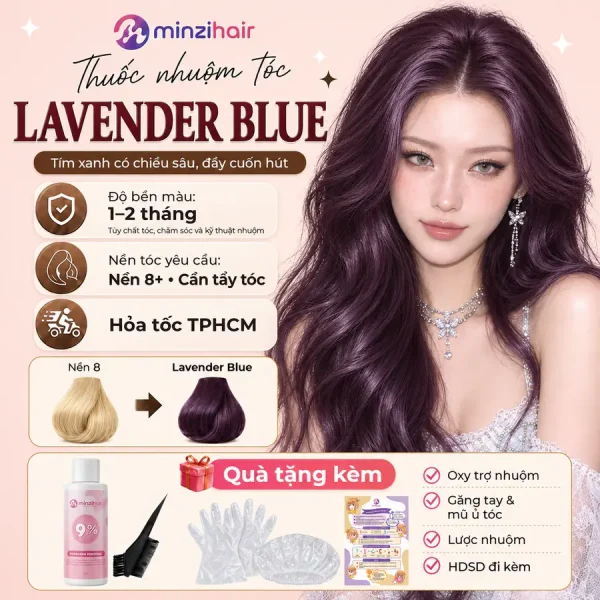 Thuốc nhuộm tóc màu lavender blue – độ bền màu, nền tóc yêu cầu và quà tặng kèm