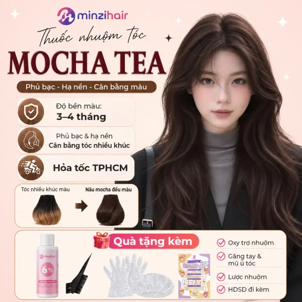 Thuốc nhuộm tóc mocha tea Minzihair dòng phủ bạc và quà tặng kèm