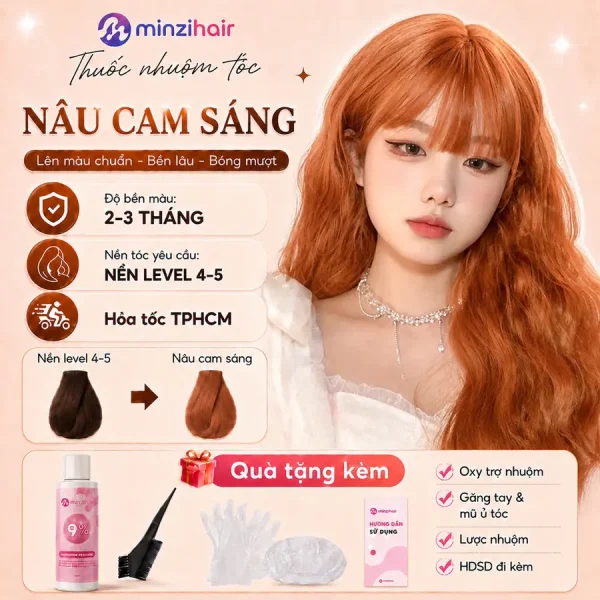 Thuốc nhuộm tóc màu nâu cam sáng – độ bền màu, nền tóc yêu cầu và quà tặng kèm