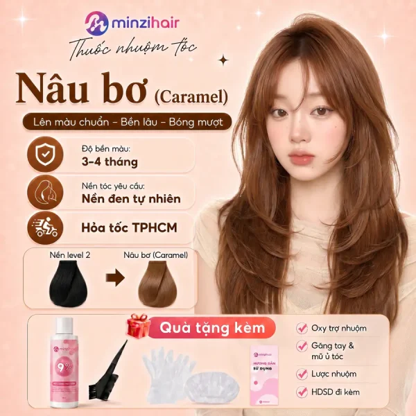 Thuốc nhuộm tóc màu nâu caramel – độ bền màu, nền tóc yêu cầu và quà tặng kèm
