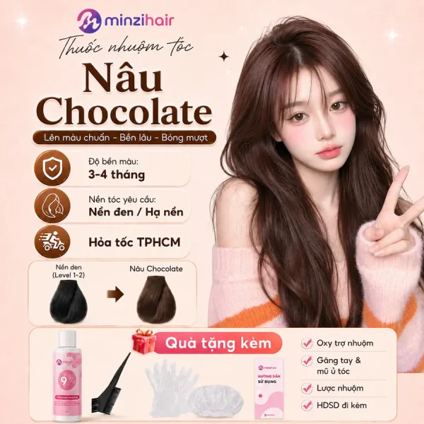Thuốc nhuộm tóc màu nâu chocolate – độ bền màu, nền tóc yêu cầu và quà tặng kèm