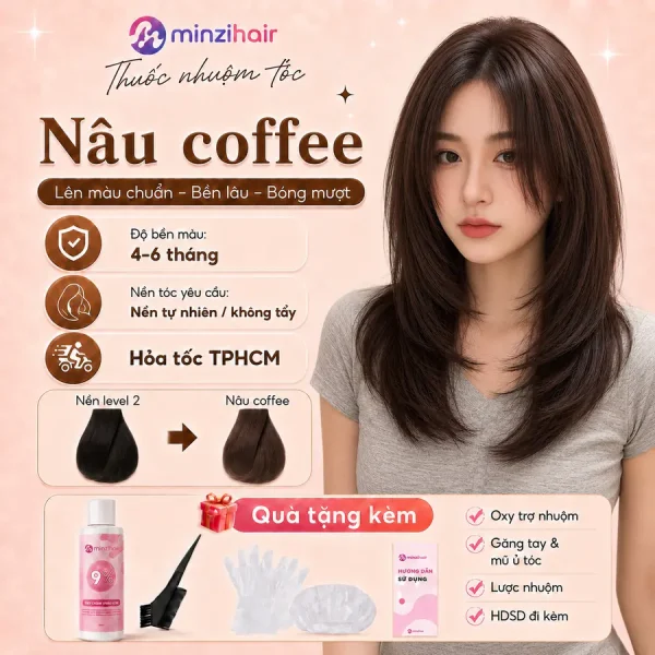 Thuốc nhuộm tóc màu nâu coffee – độ bền màu, nền tóc yêu cầu và quà tặng kèm