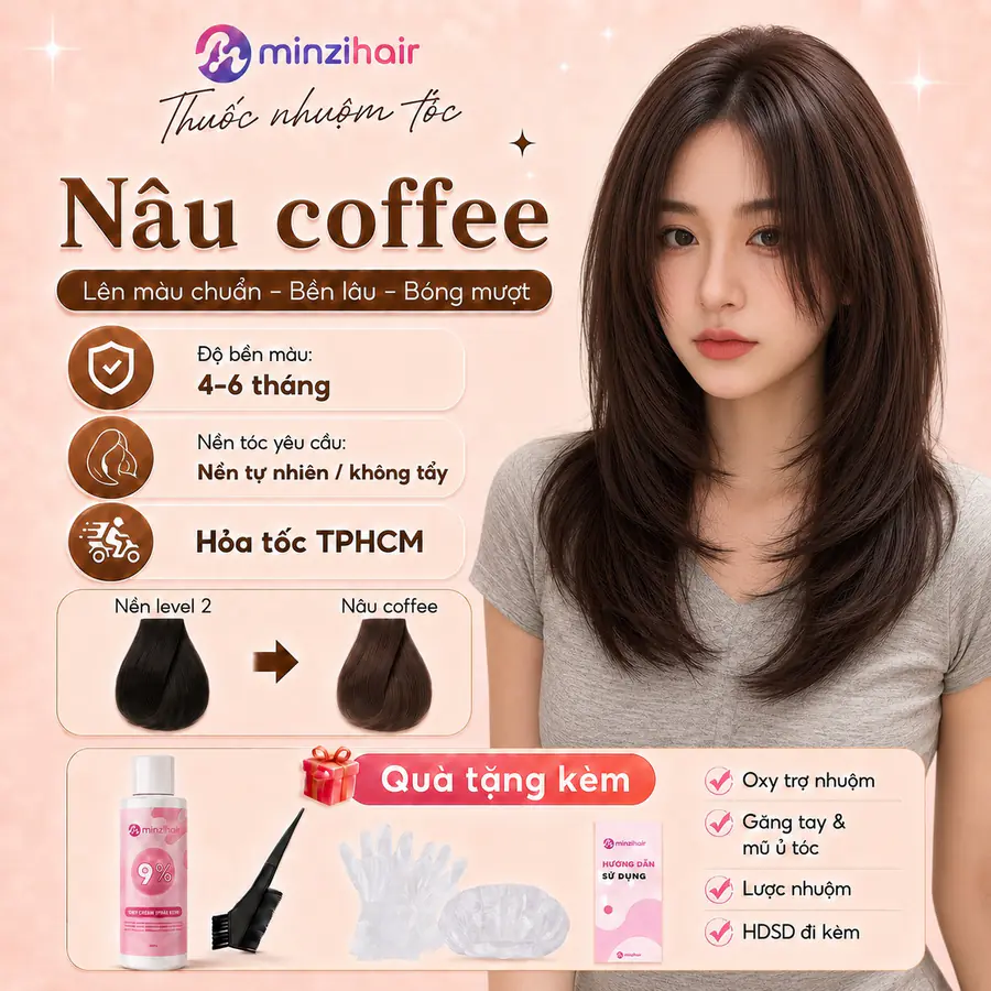 Người mẫu tóc nâu coffee dài tỉa tầng, kèm ô nền tự nhiên không tẩy và quà tặng đi kèm