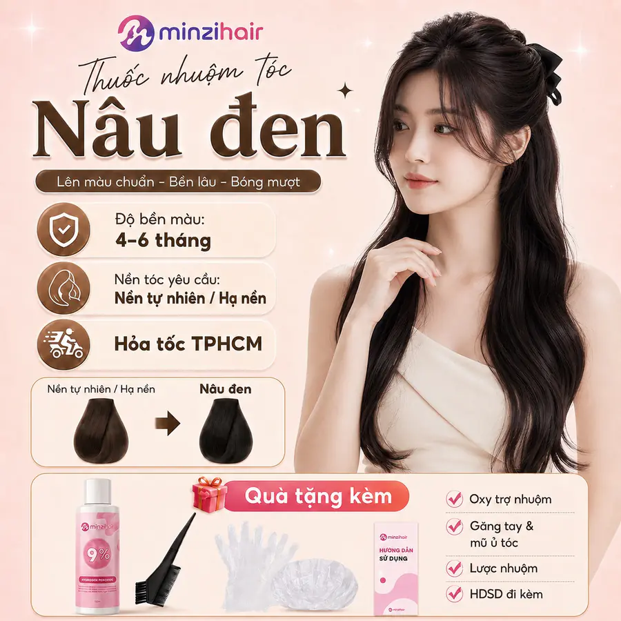 Thuốc nhuộm tóc màu nâu đen – độ bền màu, nền tóc yêu cầu và quà tặng kèm