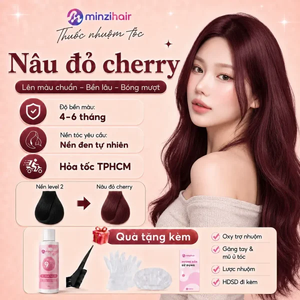 Thuốc nhuộm tóc màu nâu đỏ cherry – độ bền màu, nền tóc yêu cầu và quà tặng kèm