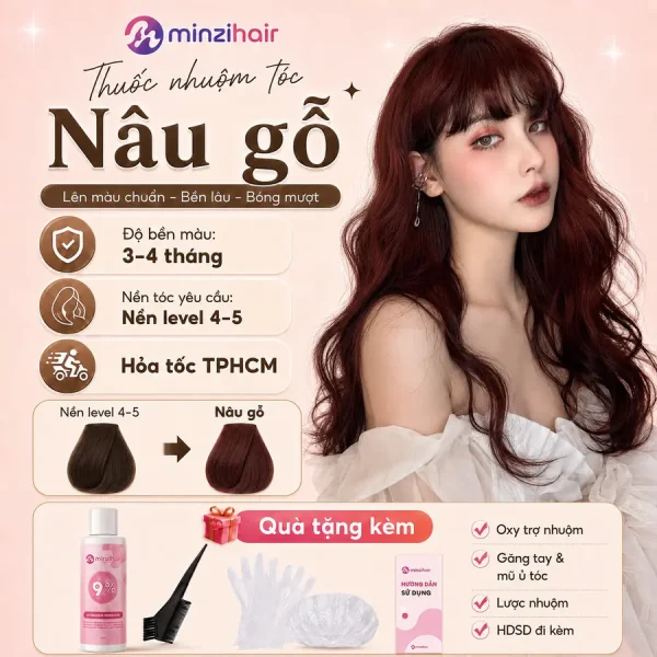 Thuốc nhuộm tóc màu nâu gỗ – độ bền màu, nền tóc yêu cầu và quà tặng kèm