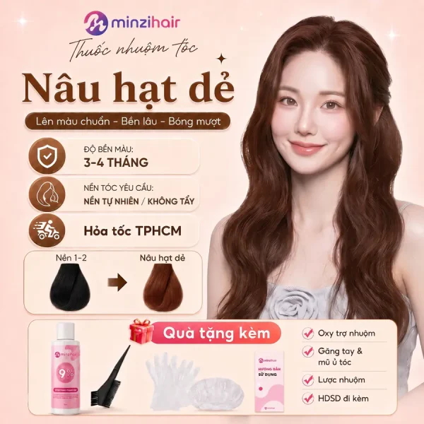 Thuốc nhuộm tóc màu nâu hạt dẻ – độ bền màu, nền tóc yêu cầu và quà tặng kèm