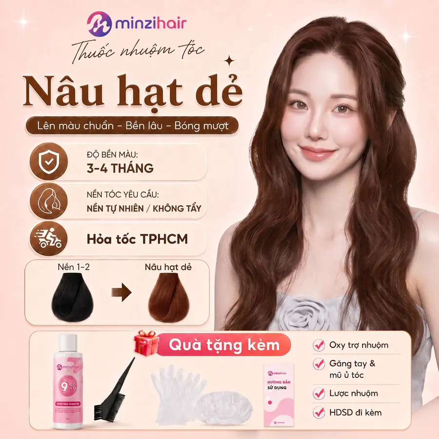 Người mẫu tóc nâu hạt dẻ dài gợn sóng, kèm độ bền 3–4 tháng, nền tự nhiên không tẩy và quà tặng đi kèm