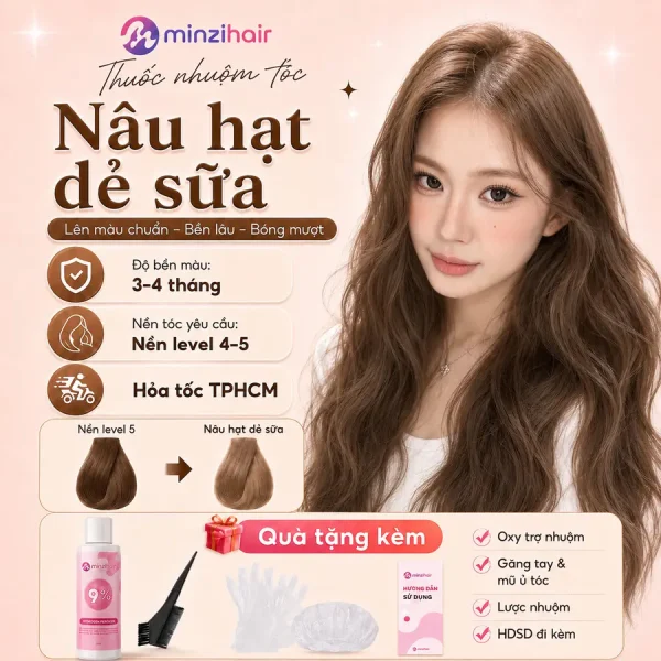 Thuốc nhuộm tóc màu nâu hạt dẻ sữa – độ bền màu, nền tóc yêu cầu và quà tặng kèm