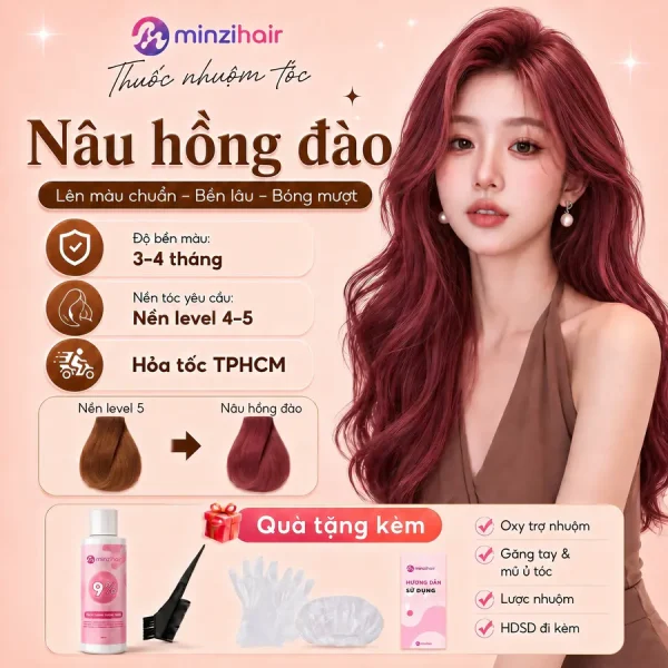 Thuốc nhuộm tóc màu nâu hồng đào – độ bền màu, nền tóc yêu cầu và quà tặng kèm