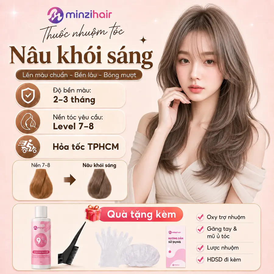 Người mẫu tóc nâu khói sáng mái thưa, kèm độ bền 2–3 tháng, nền level 7–8 và quà tặng đi kèm