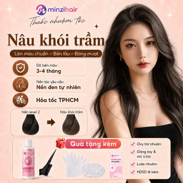 Thuốc nhuộm tóc màu nâu khói trầm – độ bền màu, nền tóc yêu cầu và quà tặng kèm