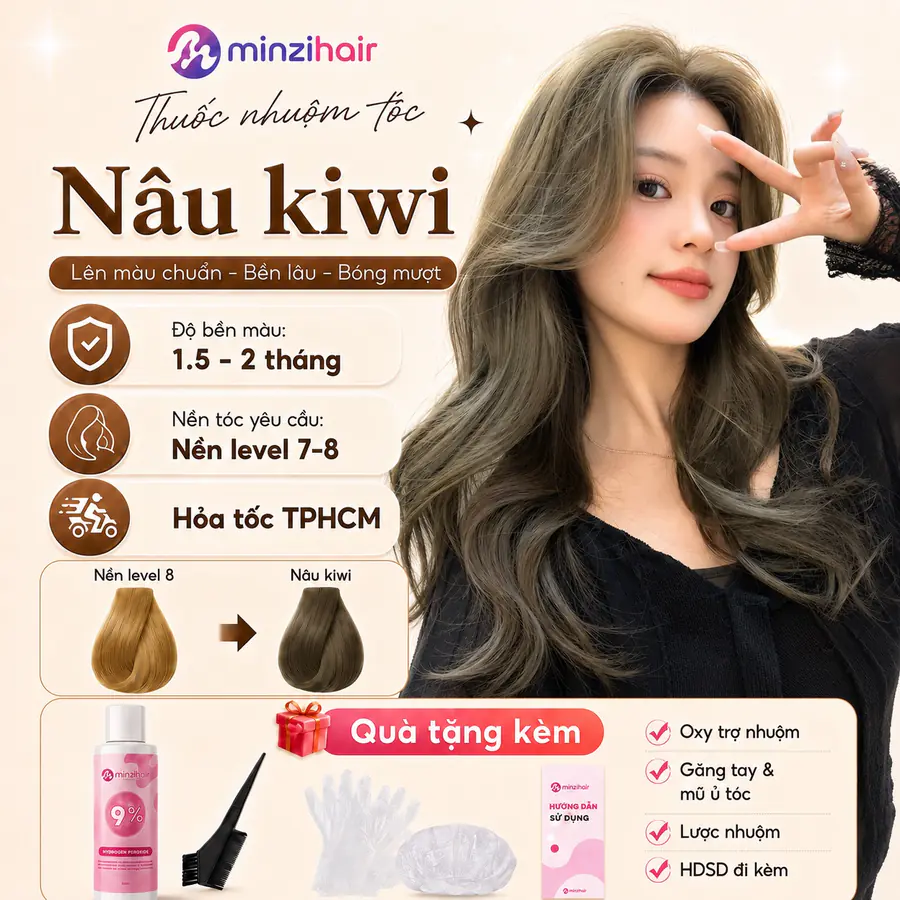 Thuốc nhuộm tóc màu nâu kiwi – độ bền màu, nền tóc yêu cầu và quà tặng kèm