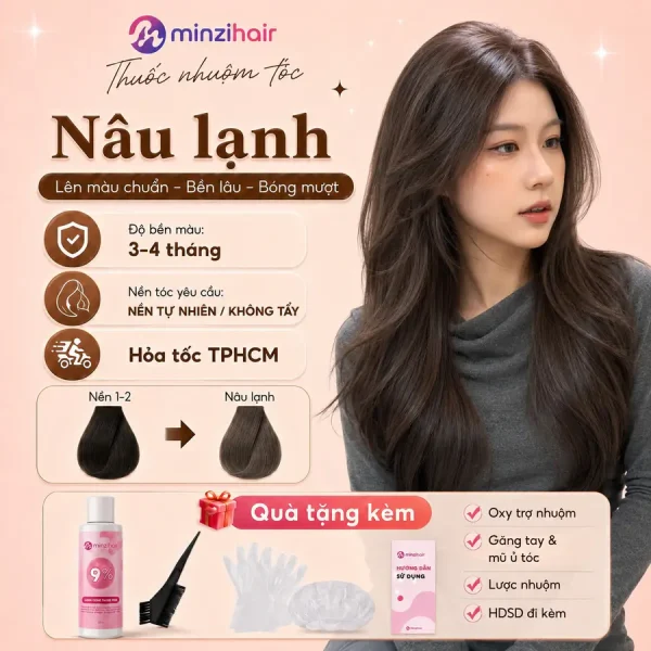 Thuốc nhuộm tóc màu nâu lạnh – độ bền màu, nền tóc yêu cầu và quà tặng kèm
