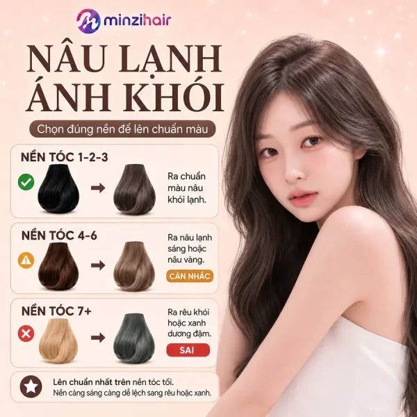Màu nâu lạnh ánh khói lên màu thế nào trên từng nền tóc