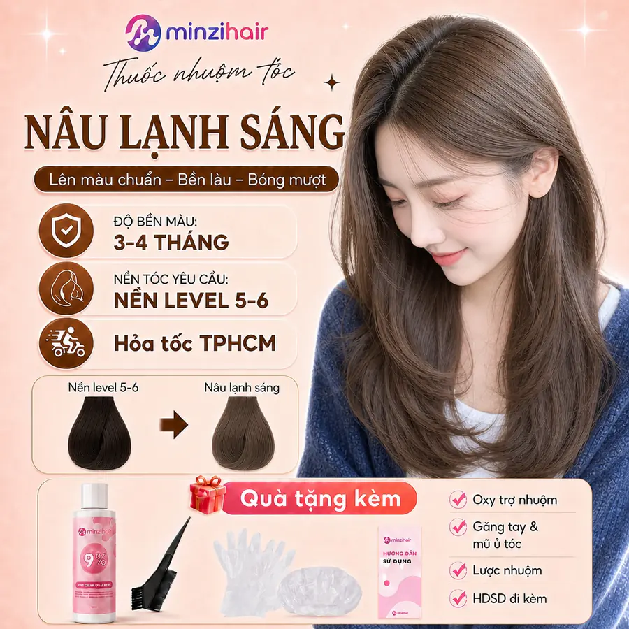 Người mẫu tóc dài nâu sáng ánh lạnh, kèm ô nền tóc lên màu nâu lạnh sáng và quà tặng đi kèm