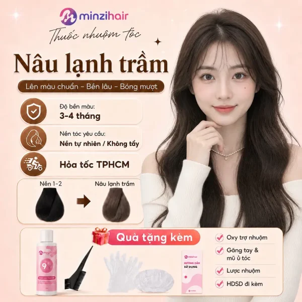 Thuốc nhuộm tóc màu nâu lạnh trầm – độ bền màu, nền tóc yêu cầu và quà tặng kèm