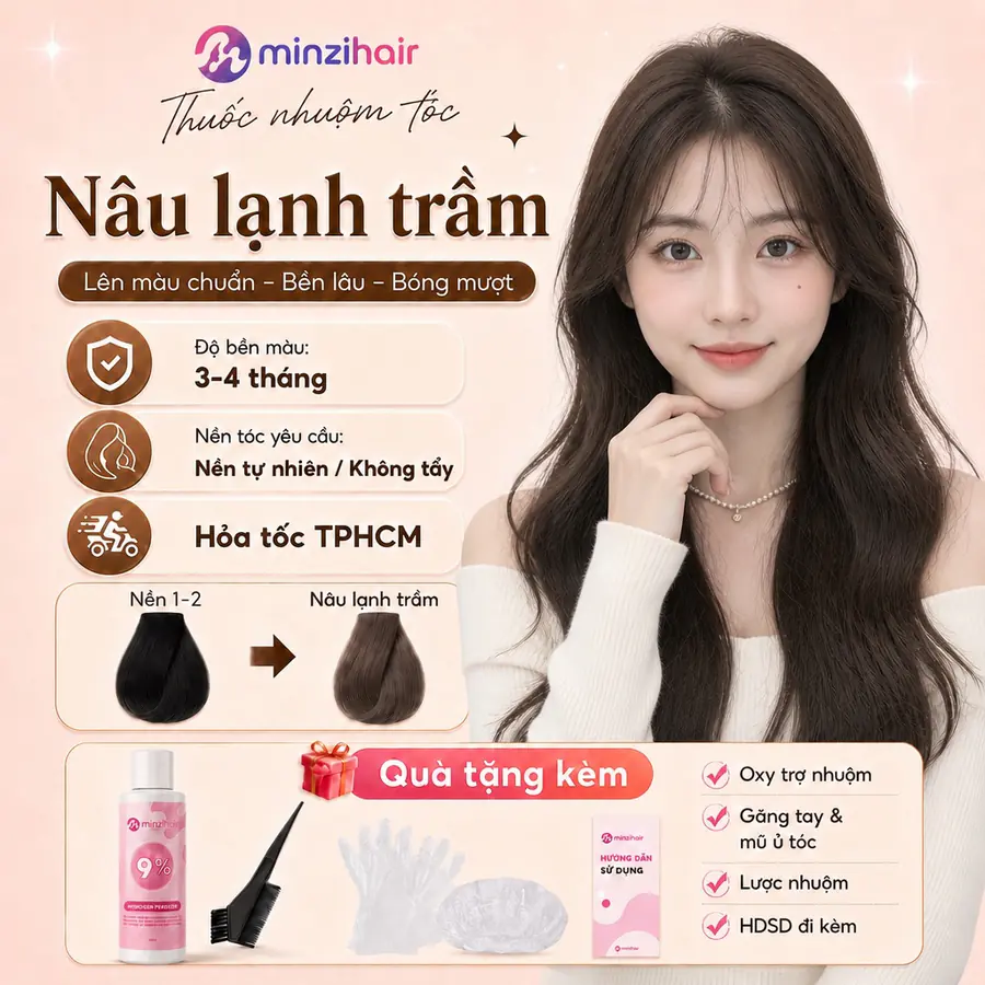 Người mẫu tóc nâu tối ánh lạnh, kèm ô nền tóc tự nhiên lên màu nâu lạnh trầm và quà tặng đi kèm