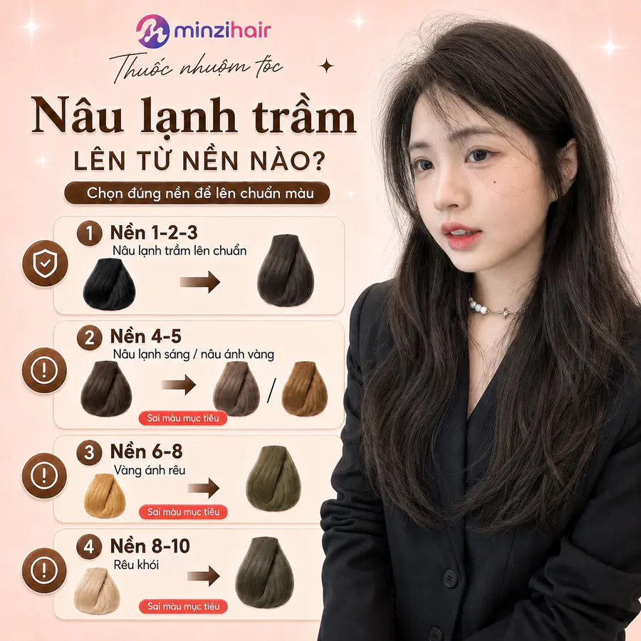 Màu nâu lạnh trầm lên màu thế nào trên từng nền tóc