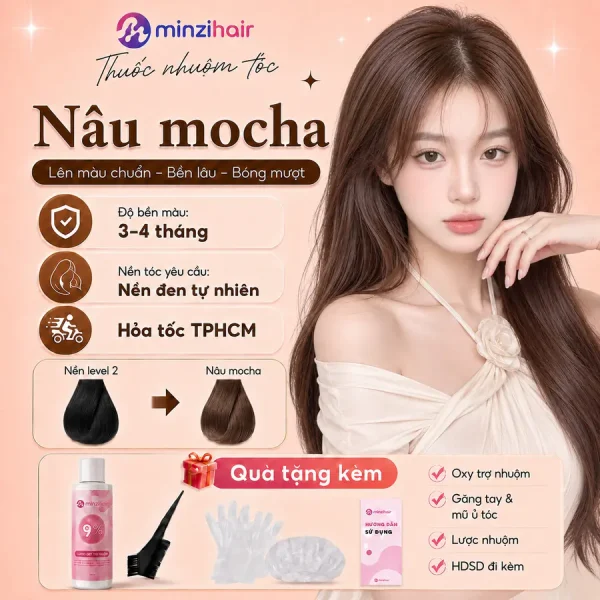 Thuốc nhuộm tóc màu nâu mocha – độ bền màu, nền tóc yêu cầu và quà tặng kèm