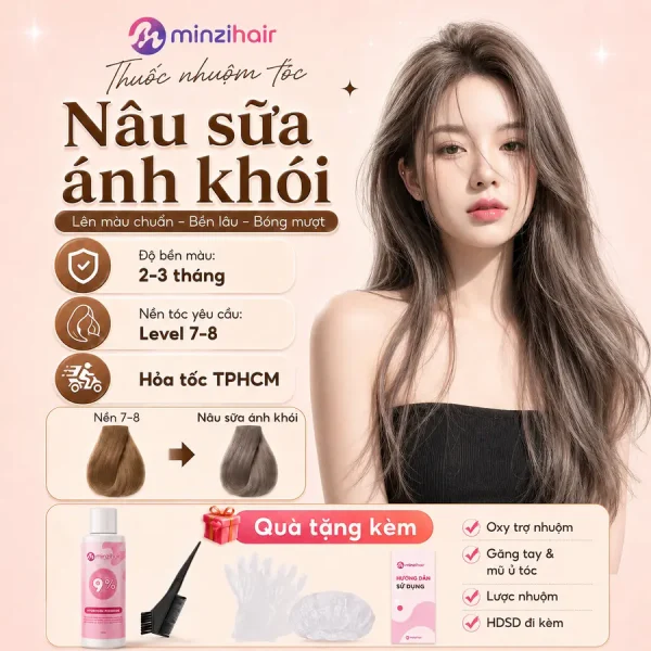 Thuốc nhuộm tóc màu nâu sữa ánh khói – độ bền màu, nền tóc yêu cầu và quà tặng kèm