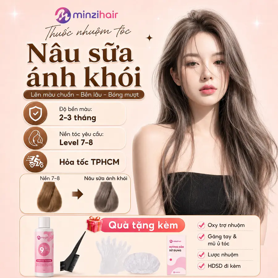 Người mẫu tóc nâu sữa ánh khói dài gợn sóng, kèm độ bền 2–3 tháng, nền level 7–8 và quà tặng đi kèm