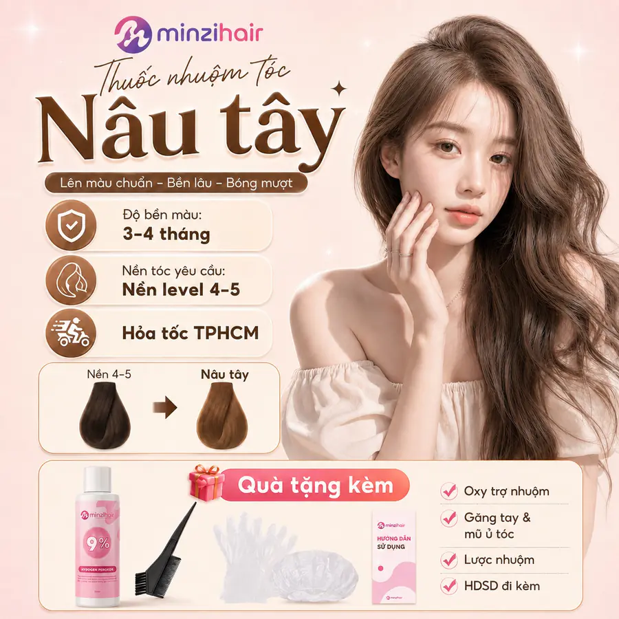 Thuốc nhuộm tóc màu nâu tây – độ bền màu, nền tóc yêu cầu và quà tặng kèm