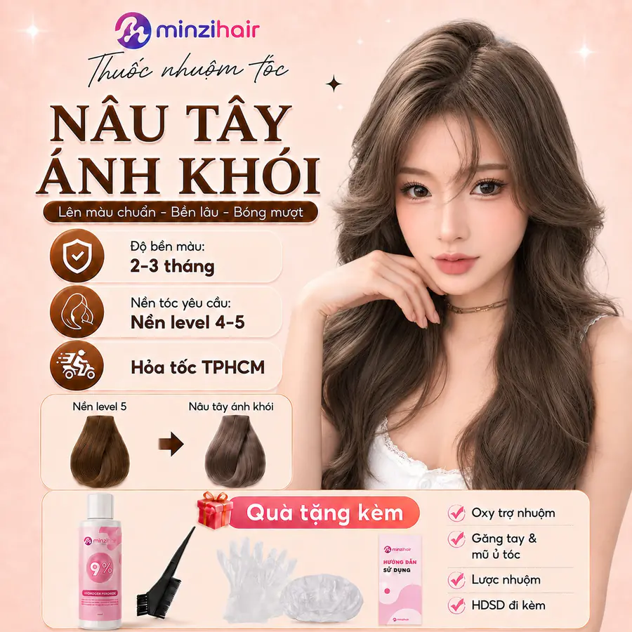 Người mẫu tóc nâu tây ánh khói xám nâu gợn sóng, kèm độ bền màu 2–3 tháng, nền level 4–5 và quà tặng đi kèm