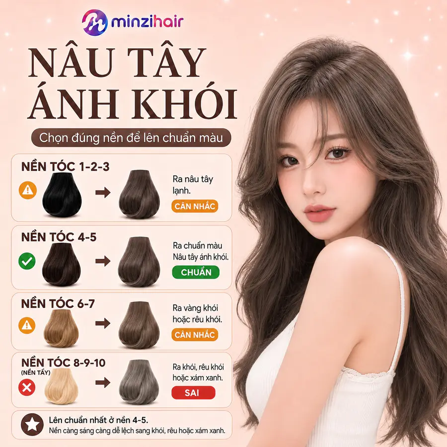 Màu nâu tây ánh khói lên màu thế nào trên từng nền tóc