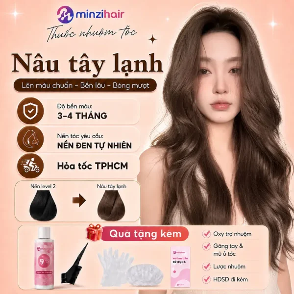 Thuốc nhuộm tóc màu nâu tây lạnh – độ bền màu, nền tóc yêu cầu và quà tặng kèm