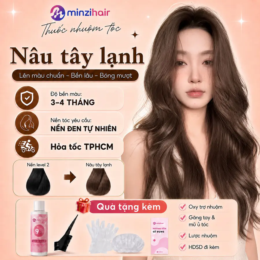 Người mẫu tóc nâu tây lạnh dài gợn sóng, kèm độ bền màu 3–4 tháng, nền đen tự nhiên và quà tặng đi kèm