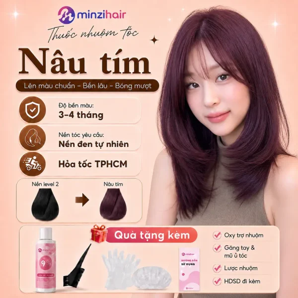 Thuốc nhuộm tóc màu nâu tím – độ bền màu, nền tóc yêu cầu và quà tặng kèm