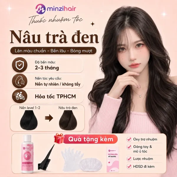 Thuốc nhuộm tóc màu nâu trà đen – độ bền màu, nền tóc yêu cầu và quà tặng kèm