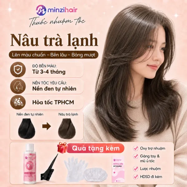 Thuốc nhuộm tóc màu nâu trà lạnh – độ bền màu, nền tóc yêu cầu và quà tặng kèm