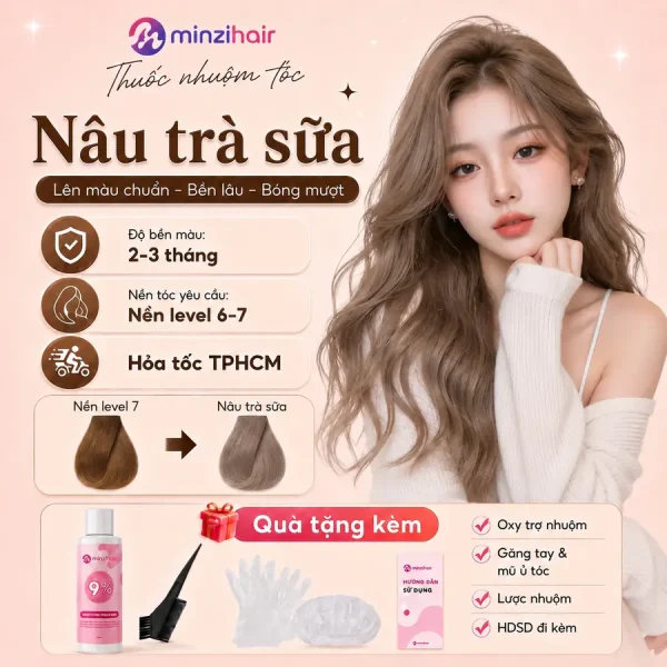 Thuốc nhuộm tóc màu nâu trà sữa – độ bền màu, nền tóc yêu cầu và quà tặng kèm