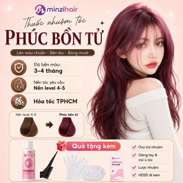 Thuốc nhuộm tóc màu phúc bồn tử – độ bền màu, nền tóc yêu cầu và quà tặng kèm